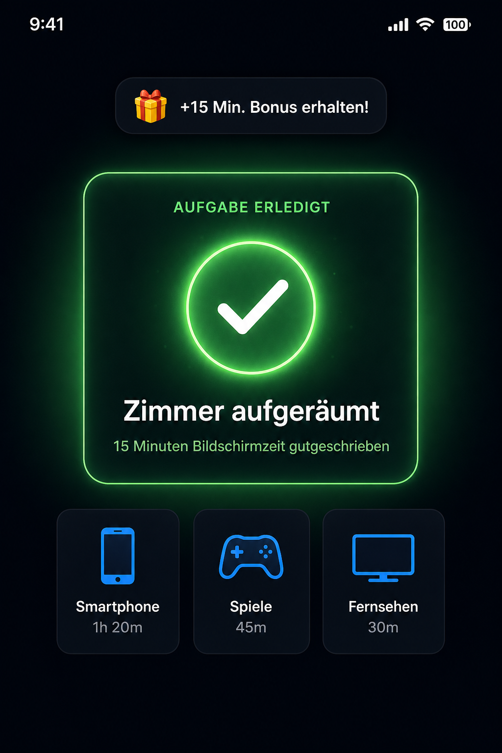 Erfolgsbildschirm: Aufgabe erledigt, Bildschirmzeit gutgeschrieben