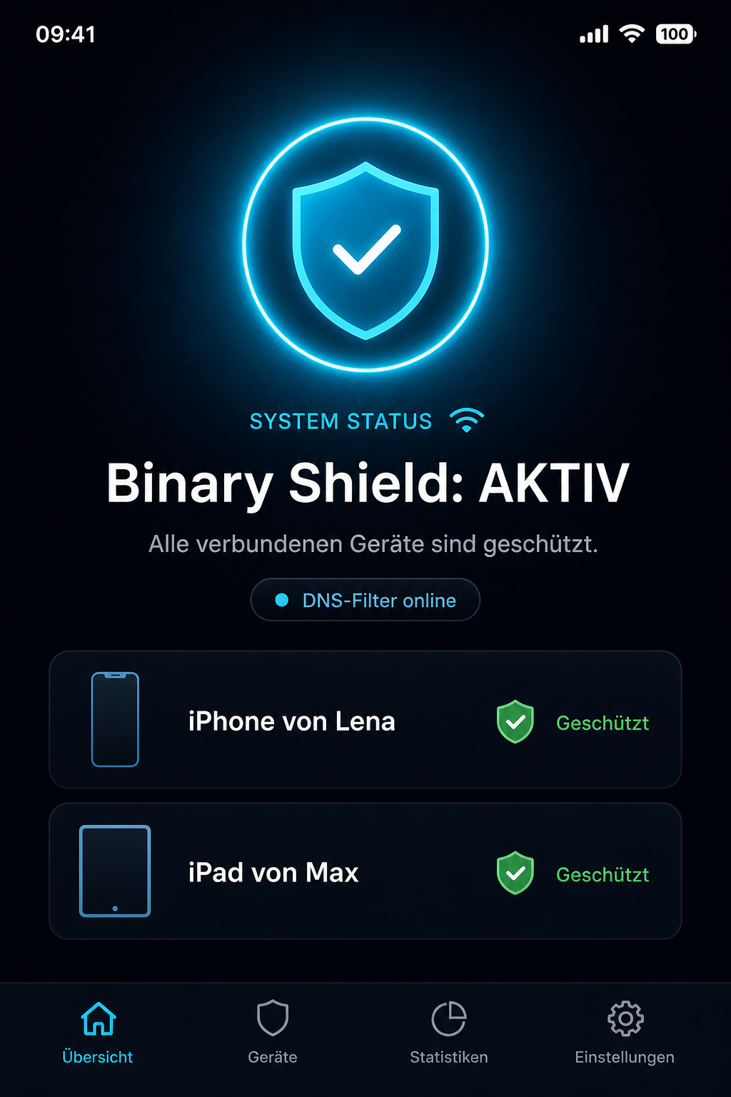 Status-Übersicht: Binary Shield aktiv, alle Geräte geschützt